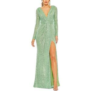 Mac Duggal Mint Green Sequin Long Sleeve V-Neck Maxi Gown